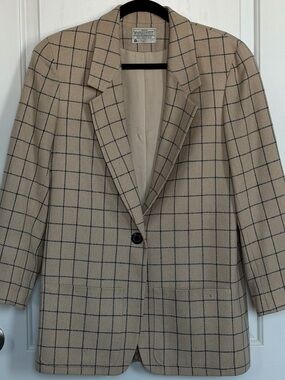 100% Wool Vintage Pendleton Beige Windowpane Blazer with Navy Grid
